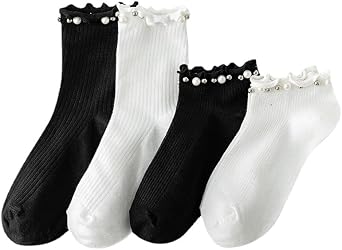 Tooe Womens 4 Pairs Pearl Ruffle Socks Preppy Cute Ankle Socks Cottagecore Soft Crew Socks Harajuku Alt Casual Socking
