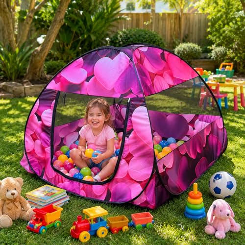 Image of Play House Foldable One Side Round Tent House for Kids Lightweight and Portable |Foldable Tent House for Kids Activity Indoor Outdoor |Play Tent House for Multi Purpose (Heart-Pink)