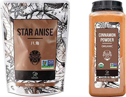 Soeos Star Anise Seeds Anis Estrella, 4 Oz + Organic Cinnamon Powder, 15 Oz #TOP8