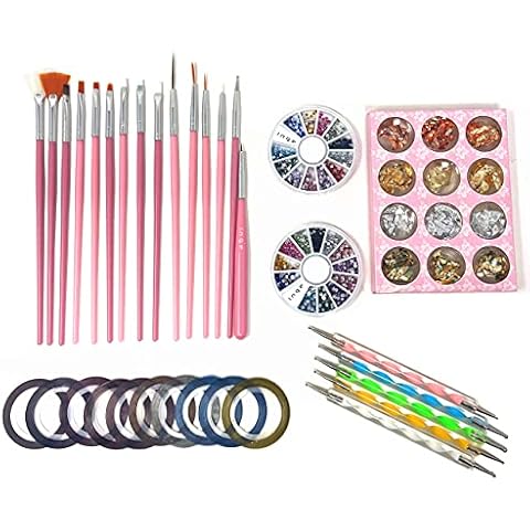 Inge Nail Art Kit | Nail Art Tools | Nail Art Accessories | plus Nail Brushes for Gel Nails 15pcs - Dotting Tool for Nail Art | Nail Foil Nail Tape Rhinestones for Gel Nail Art/Acrylic Nails Cover