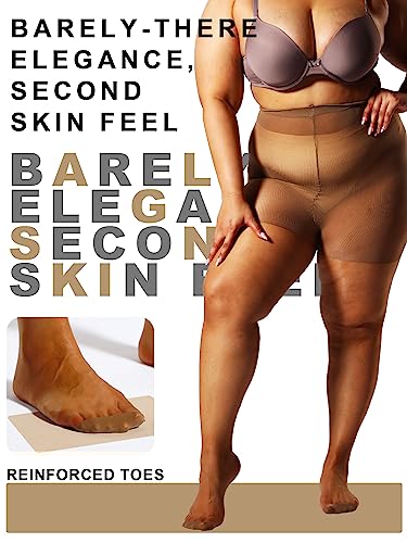 HONENNA 2 Pairs Plus Size Sheer Tights for Women, 17 Colors Ultra Thin Pantyhose Reinforced Toes High Waist Stockings, Black + Tan 2 Pairs 3XL-4XL