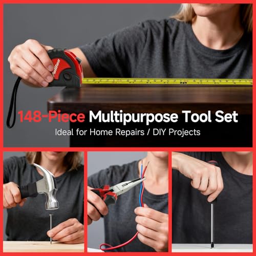 PULITUO 148-Piece Home Drill Set with 12V Red Cordless Drill, Hand Tools, Tool Box, Ideal for Men, Women, and DIY Enthusiasts for Home Improvement. thumbnail 8