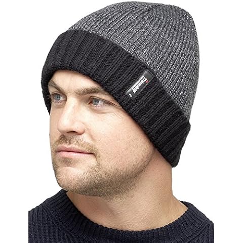 HeatGuard Mens Thinsulate Fleece Lined 2 Tone Beanie Hat Black(Size: One Size) Cover