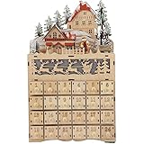 Wooden Advent Calendar - LED Light Up Festive Christmas Village, Santa, Reindeers Design, Large Holiday Treasure Box Table Decoration, 24 Numbered Drawers, Battery Operated, 8.7 x 14.1 x 3.2 Inches