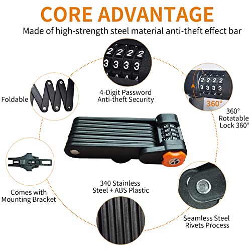 Ikaufen Folding Bike Lock, Compact Bike Lock For Bicycle Scooter Motorcycle Chain Lock, Heavy Duty Anti Theft Bicycle Locks With Mounting Bracket 4-Digit Foldable Bike Lock #TOP3