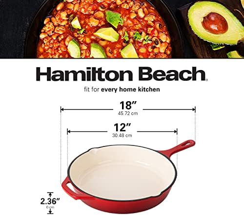 Hamilton Beach Enameled Cast Iron Fry Pan 12-Inch Red, Cream Enamel Coating, Skillet Pan for Stove Top and Oven - Thumbnail 5