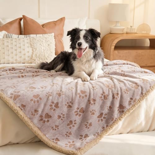 Image of Luciphia Waterproof Pet Blankets Whith Paw Print for Couch Sofa Bed Cover, Liquid Pee Proof Soft Fluffy Dog Blanket Washable, Reversible Furniture Protection Puppy Cat, Khaki, Medium(57 inch x 40 inch)