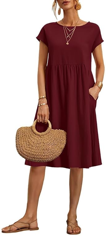 Linen Dresses for Women 2025 Summer Casual Short Sleeve Crewneck Baggy Cotton Midi Dress with Pockets Burgundy 4XL