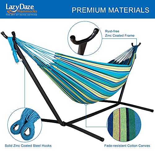 Lazy Daze Hammocks Double Hammock With 9Ft Space Saving Steel Stand Includes Portable Carrying Case, 450 Pounds Capacity (Blue&Yellow) #TOP4