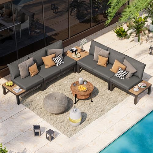 Oasbira Aluminum Modular Outdoor Patio Furniture Set, 6 Seats Sectional Sofa Set with Adjustable Backrest & Thick Cushions, All-Weather L-Shaped Corner Set with Table for Garden & Yard, Graphite