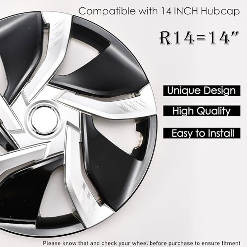Image of Silver with Black Hubcap Wheel Cover Replacement Kit 14 inch Hub Caps Wheel Rim Cover Car Exterior Accessories Pack of 4, 14 Inches