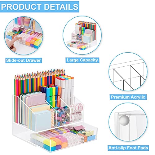 Vitviti Acrylic Desk Organizer, Upgraded Clear Pencil Organizer For Desk, 7 Compartments Stationary Pen Organizer Storage With Drawer, For Office Supply, 500+ Pencils Capacity #TOP1
