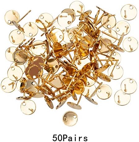 UNICRAFTALE 50 Pairs Golden Stainless Steel Blank Stud Earring Posts Backs 8mm Flat Pad Butterfly Earring Stoppers DIY Earring Components Ear Studs for Jewelry Making 8x0.8mm Hole 1.2mm, Pin 0.8mm
