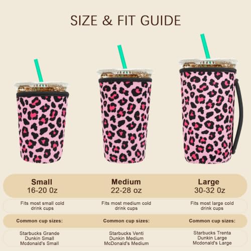 Image of Insulated Neoprene Cup Sleeve for Iced Coffee & Cold Soda - Reusable & Sweatproof, Keeps Drinks Cold Longer, Coffee Coolie for Hot & Iced Drinks (Pink Leopard Print, Large: 32oz)