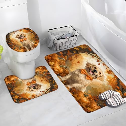 AYDSMYD 3 Piece Fall Dog Bath Mat Cute Puppy Autumn Pumpkin Maple Leaves Thanksgiving Harvest Rustic Farmhouse Bathroom Bathtub Floor Rugs Absorbent Doormat Toilet Decor
