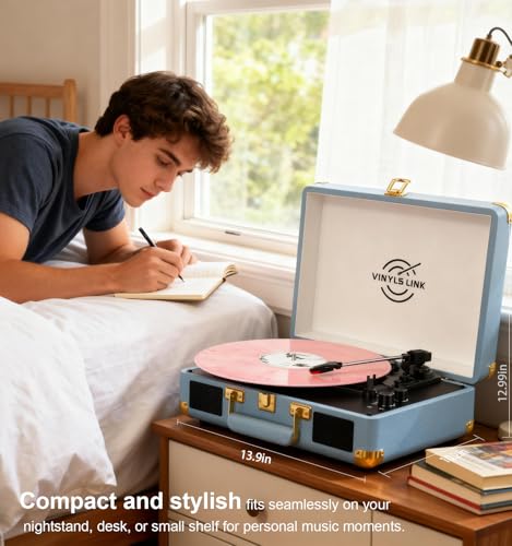Image of VINYLSLINK Bluetooth Vinyl Record Player, 3-Speed Portable Turntable with Treble & Bass Control, Built-in Stereo Speakers, Belt-Driven LP Player with RCA & Headphone Jack, Vintage Blue Design