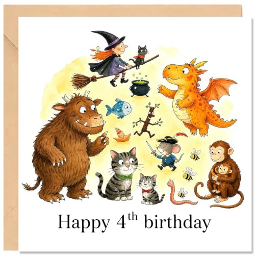 AIKOBAA Childrens Birthday Card 4th Birthday with Storybook Characters Watercolour Art Dragon & Wizard Gold Foil Happy 4th Birthday 14x14cm with Kraft Envelope