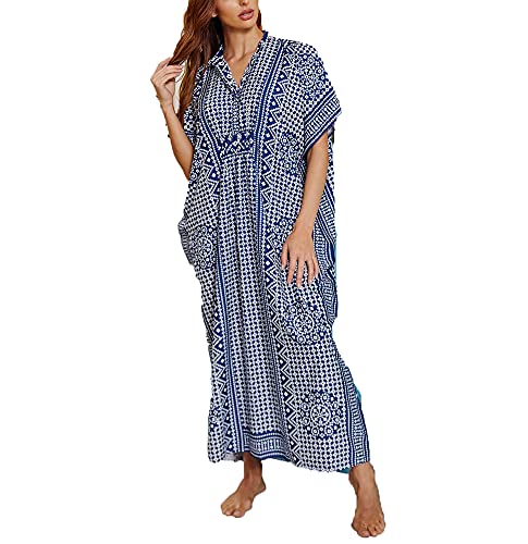 Robe longue caftan col en V imprimé ethnique bleu marine taille unique femme
