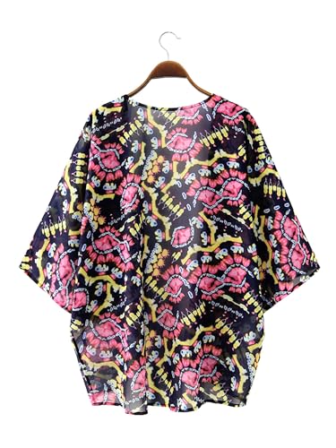 Image of Chunoy Women Summer Boho Floral Short Sleeve Lightweight Sheer Cardigan Open Front Beach Swimwear Blouse Top Chiffon Kimono Cover Up X-Large