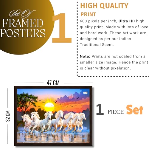 Image of 7 Horses Painting with Frame for Vastu - Rising Sun Wall Decor Painting | 7 Horses Wall Decor Photo Frame 12 x 18 inch | Modern Art Wall Painting for Living Room, Bedroom & Home Decoration
