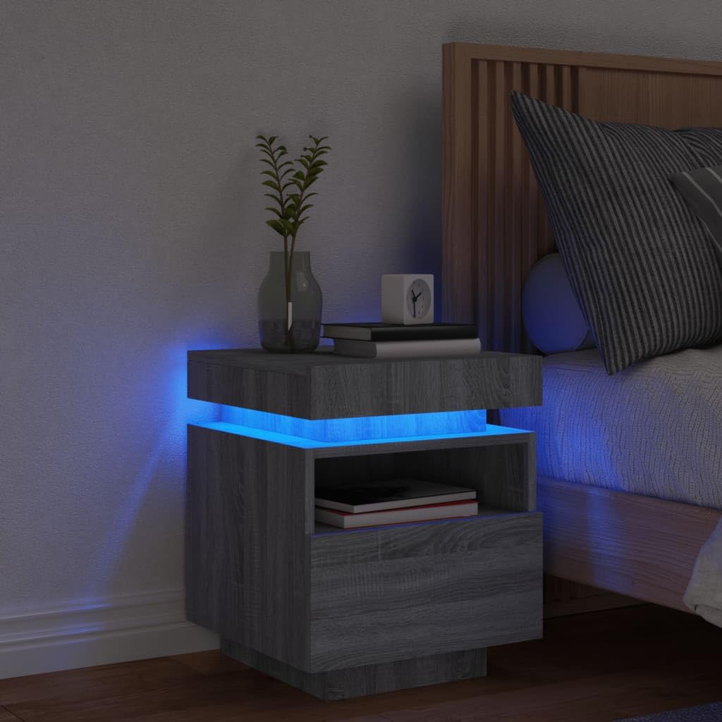 YUANCHUTOP LED Floating Bedside Table with Drawer and Shelf, Wall Mounted Nightstand with LED Lights, Floor Stand or Wall Mount, for Living Room Bedroom - Grey+Oak
