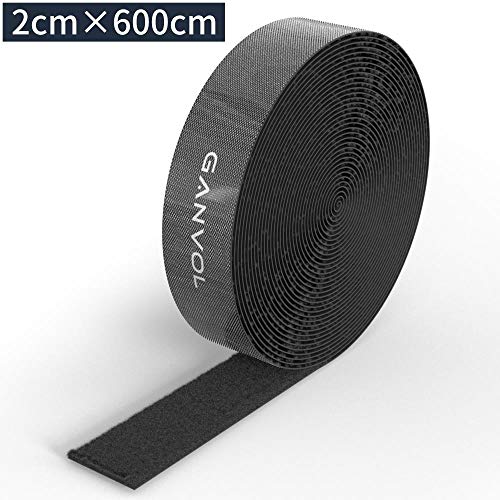 Ganvol colliers serre câbles ONE-WRAP 20mm x 6M, Ruban serre-câble réutilisable, un rouleau de bande auto adhésive, découper à la longueur, bonne accroche, découpe facile, noir