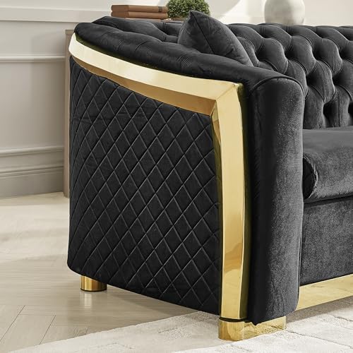 Image of KEIKI 2-Piece Luxury Chesterfield Sofa Set with 1 Velvet 3-Seater Sofa & 1 Loveseat Sofa, Italian 5-Seater Couch Set with 4 Pillow, Gold Stainless Decoration and Rolled Arms, for Living Room, Black