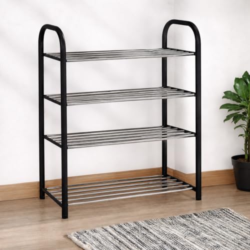 Image of Strassis Design Metal Single Garment Stand with Bottom Shelves Garment Rack Metal Coat Hanging Rack with Multipurpose Shelf Clothes Shoes Blanket Standing Storage Organizer 4 Hooks Coat Rack (Black)