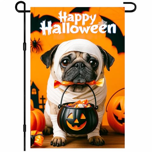 IVN Happy Halloween Garden Flag 12x18 Inch Double Sided Dog Pug Mummy Pumpkin Candy Trick or Treat Jack O Lantern Outdoor Fall Yard Flag for Outside Home Front Door Lawn Porch Patio Welcome Decor