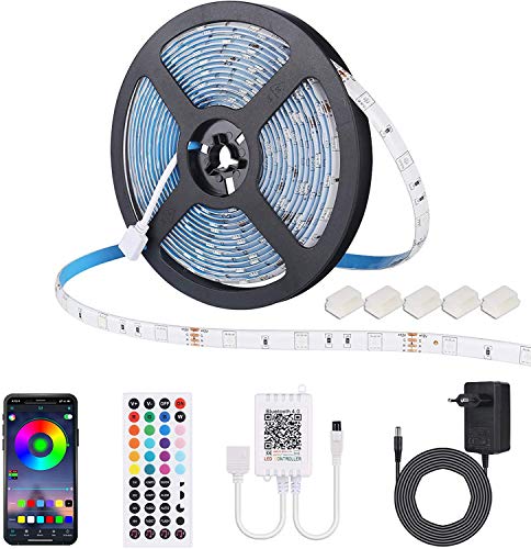 5 m Tiras de luz LED impermeáveis ALED LIGHT 5050 SMD RGB multicoloridas, 150 LEDs, luzes LED Strip de exterior, controlo remoto de 44 botões e fonte de alimentação