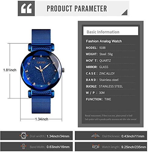 Skmei Lady Watches For Women Waterproof Casual Fashion Dress Japanese Quartz Movement Luminous Mesh Stainless Steel Wristwatch Gifts Rose Gold Black Blue Dial (Blue) #TOP5