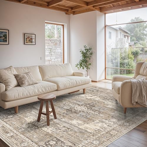 RUUGME Washable 6x9 Area Rug - Vintage Area Rugs with Non Slip Backing Stain Resistant Carpet for Bedroom Dining Room Indoor Soft Carpets Home Decor Decoration Mat for Bathroom 6x9 Beige
