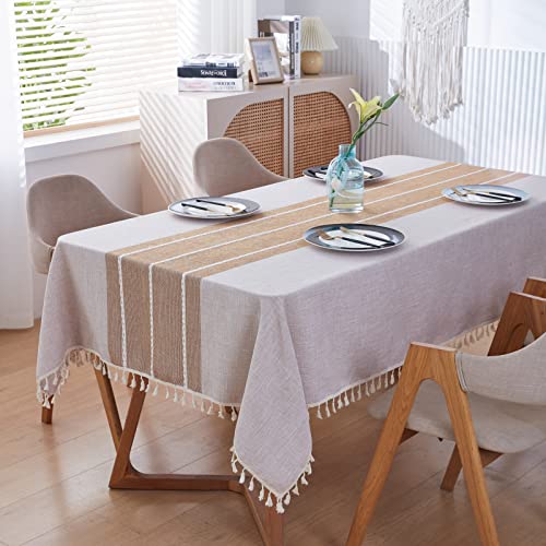 Arsun Waterproof Farmhouse Burlap Tablecloth With Tassel, Cotton Linen Rustic Embroidery Table Cloths For 6 Foot Tables Tablecloths Wrinkle Free Washable For Indoor And Outdoor Parties Party #TOP1