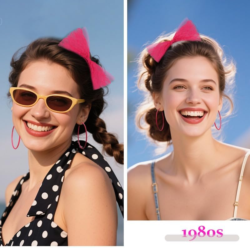 Miniatura 6 de Accesorios de los años 80 para mujer, diadema de lazo de encaje de los años 80 y aretes de neón para mujer, trajes retro vintage de los años 80 para