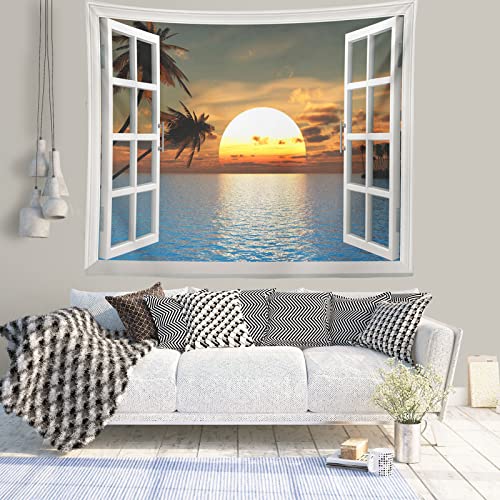 Icosamro Ocean Sunset Tapestry Wall Hanging, Window Beach Sunset Palm Tree Nature Landscape Scenery Wall Decorations Bohemian Home Decor For Bedroom, Dorm, College, Living Room, 51X60, Blue #TOP4