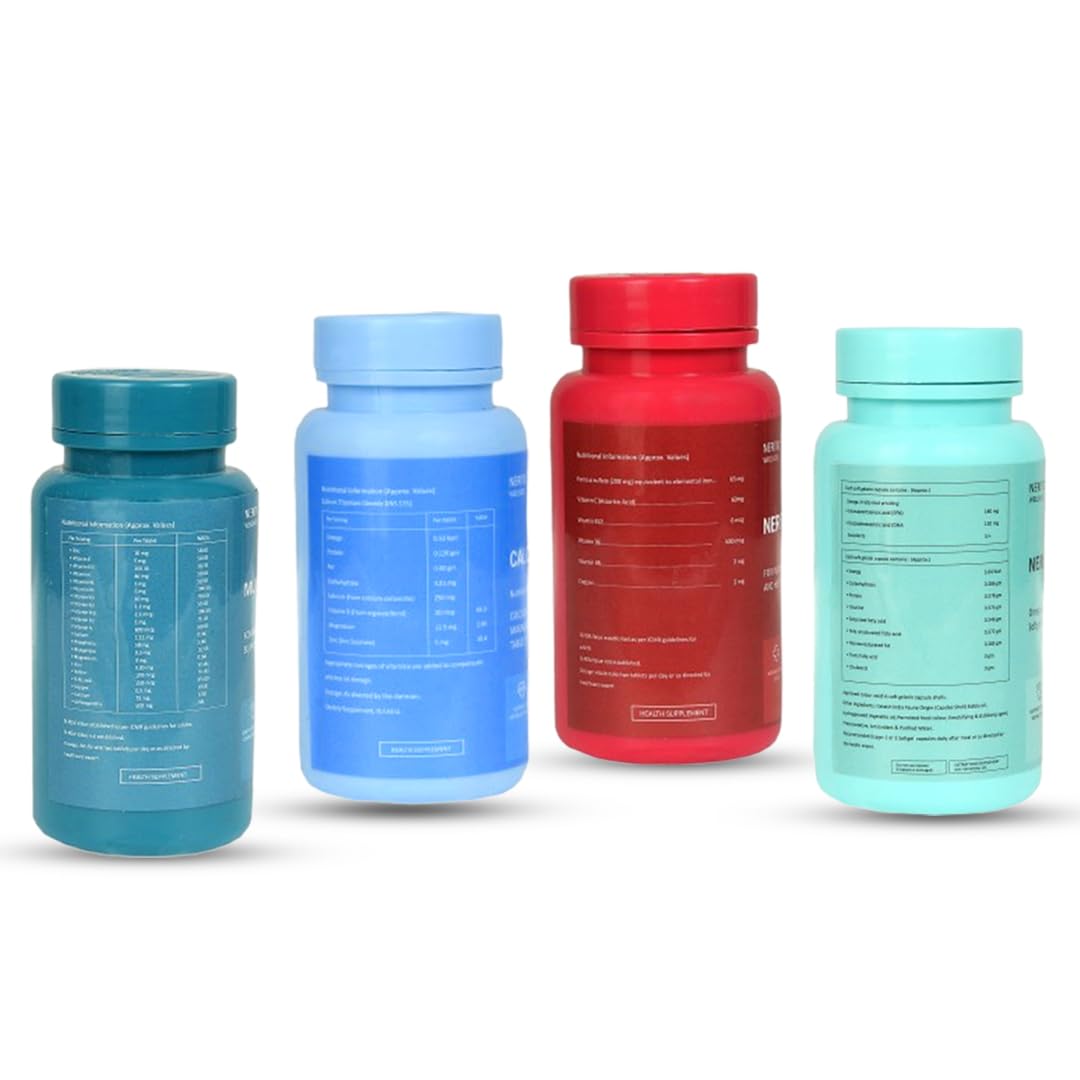 Neritic Wellnes Health Supplement Combo Package | Healthy Lifestyle | Supports Bone Health| Boosts Energy | Enhances Immunity | Promotes Heart and Brain Function - 90 Tablets/Capsules (Pack of 4) Neritic Wellnes Health Supplement Combo Package | Healthy Lifestyle | Supports Bone Health| Boosts Energy | Enhances Immunity | Promotes Heart and Brain Function - 90 Tablets/Capsules (Pack of 4)