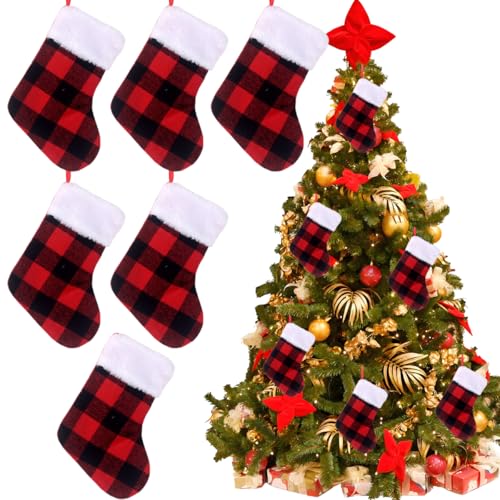 6 Pack Mini Christmas Stockings Red Buffalo Plaid Hanging Decorations