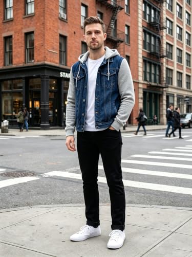 Image of Lavnis Men's Denim Hoodie Jacket Casual Slim Fit Button Down Jeans Coat