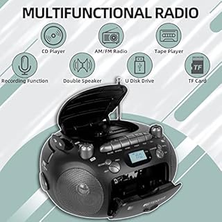 Retekess TR630 Portable CD and Cassette Player, AM FM Radio Boombox, Support Stereo Sound, with Recording, USB Port, MP3 Playback（Black）