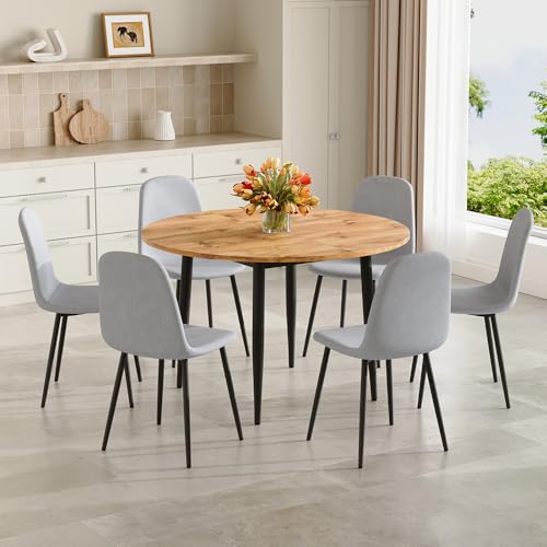 Image of FURNITO Wood Dining Table Set for 6, 42 inch-54 inch Round to Oval Extendable Table with 6 Linen Fabric Chairs, Space-Saving Contemporary Dining Room Table Set for Small Apartments or Kitchens, Easy Assembly