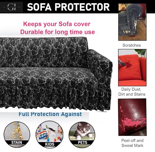 Image of Gifts Island Sofa Cover Set Marble Design 5 Seater Fully Covered Universal Polycotton Spandex with 360 Frill Non-Slip Sticky Elastic Stretchable Sofa Slipcover for Livingroom (Black Marble)