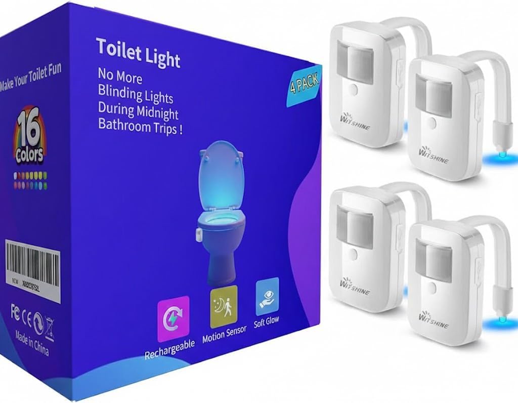 Toilet Light Motion Sensor Activated 4Pack, Rechargeable Color Changing LED Night Lights Inside Toilet Bowl, Cool Gadgets for Bathroom Accessories, Unique Stuff for Men and Kids Birthday