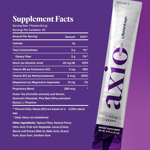 Image of LifeVantage AXIO Regular Energy Drink Powder, Nootropic Supplement, Focus & Mood Support, with L-theanine, Green Tea, B Vitamins, DMAE, Quercetin & Pine Bark, Purple Grape, 30 Packets