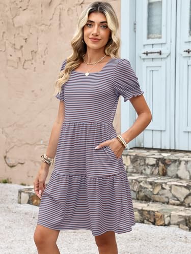 Image of ANRABESS Women Summer Square Neck Puff Short Sleeve Mini Dress 2026 Casual Flowy Sundress Beach Vacation Clothes with Pockets