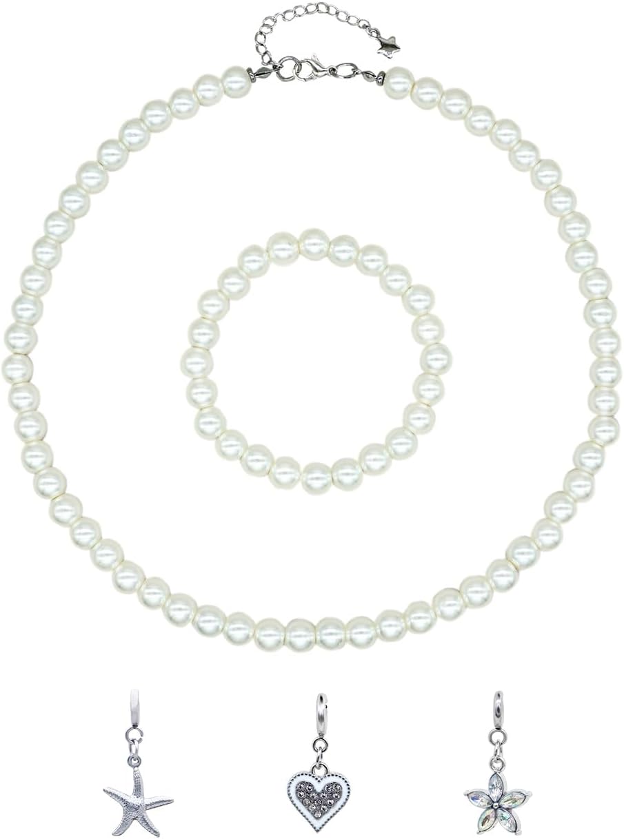 JSEA 8mm Faux Pearl Necklace Elastic Bracelet Jewelry Set Beige White Pink