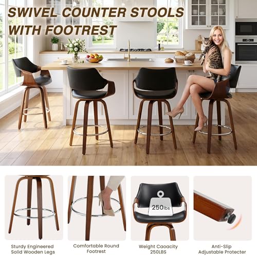 Image of HNY 26'' Modern Barrel Swivel Counter Stools Counter Height Swivel Bar Stools with Backs Set of 4, Black Faux Leather Bar Height stools, Farmhouse Solid Wood Barstools for Kitchen Island, Home Bar