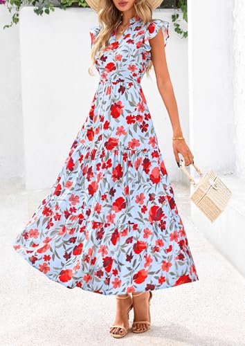 Image of PRETTYGARDEN Women's 2026 Summer Floral Midi Dress Cap Sleeve V Neck Ruffle Long Flowy Boho Casual Beach Vacation Dresses