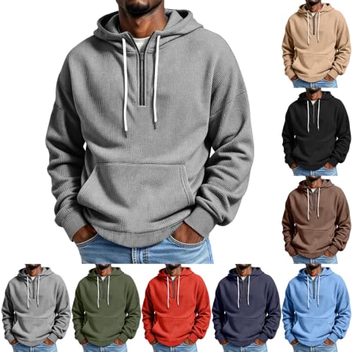 Waffle Knit Hoodie for Men Quarter Zip Pullover Long Sleeve Sweatshirt Gray - image 1