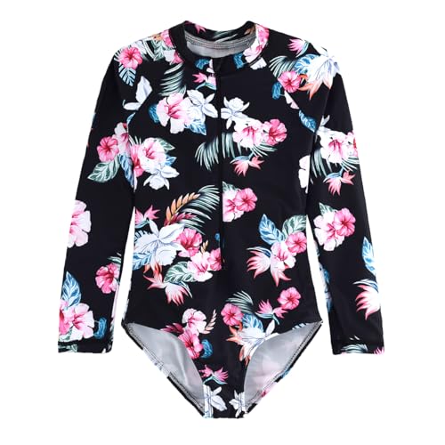 Image of Kids Girls Rash Guard Long Sleeve One Piece Swimsuits Zipper Bathing Suits UPF 50+ Tropical Plant Flowers Ages 3-12