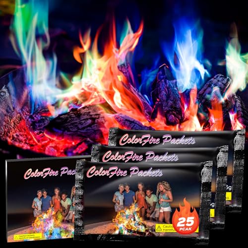 25 Pack Colorful Flames Color Fire Packets Fire Pit for Campfire Fire Color Packets Camping Accessories for Kids & Adults Outdoor Fire Changing Flame Powder. (25 Packets)